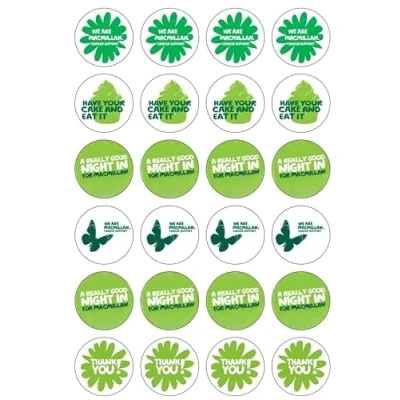 Image of 24 Precut Macmillan NIGHT IN Fundraising Edible Wafer Paper Cake Toppers