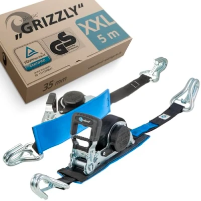 Image of valonic GRIZZLY XXL retractable ratchet strap with hook, padded, 2 pieces, 5m, 35mm, 800/1600 kg, EN 12195 2, black, tie down straps for motorcycle