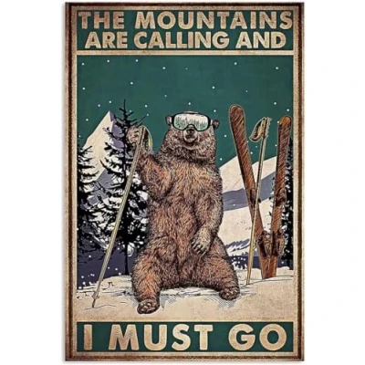 Image of kisoyo Ski Metal Tin Sign,The Mountains are Calling Retro Poster,Vintage Coffee and Bar Wall Art Decor Iron Painting 8x12 Inch