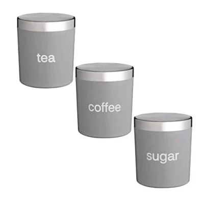 Image of Best gifts NEW SET OF 3 KITCHEN STYLISH GREY ROUND TEA COFFEE SUGAR STORAGE JARS