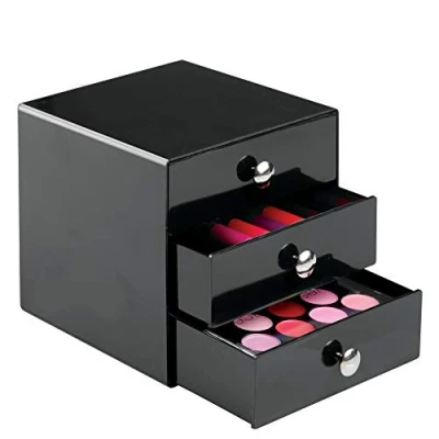 Image of iDesign Drawers Storage Box with for Make Up, Compact Cosmetic Organiser Countertops or Wardrobes, Sturdy Plastic, Black