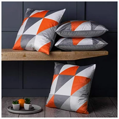 Image of Red Rainbow Modern Orange &amp; Grey Print Geometric Design, Set of 4, 18 inch Cushion Covers