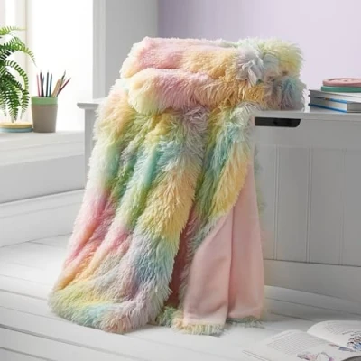 Image of Catherine Lansfield Cuddly Rainbow Deep Pile Faux Fur 130x170cm Blanket Throw Pastel