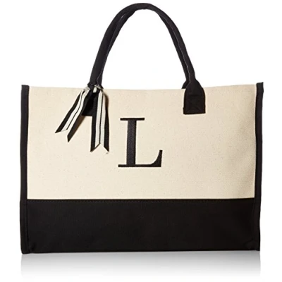 Image of Mud Pie Classic Black and White Initial Canvas Tote Bags (L), 100% Cotton, 17&quot; x 19&quot; 2&quot;