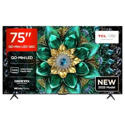 Image of TCL 75Q6C UK QD Mini LED TV, 4K HDR Premium 1000nits, Smart TV Powered by Google (Dolby Vision IQ &amp; Atmos, Onkyo 2.1 Sound System, 144Hz Motion Clarity Pro, Game Master, 2025 New Model)