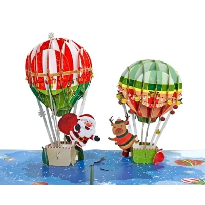 Image of Santa Reindeer Air Balloons 3D Pop Up card.A Delightful and fun holiday surprise greeting card gift For kids, friends, family loved ones. Christmas decor parties.15cmx15cm