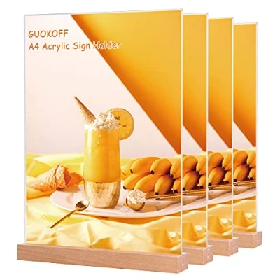 Image of GUOKOFF A4 Acrylic Sign Holder, 4 Pack Table Menu Holders, T Shape Stands, Vertical Poster Holder Display Stands Wooden Base for Restaurant Hotel Company