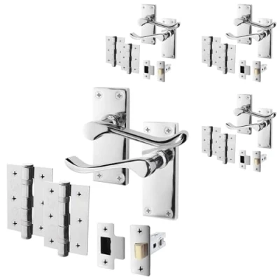 Image of EAI Polished Chrome Victorian Scroll Door Handle Latch Set 4 Pairs of Internal Lever Handles on Backplate with Hinges (76mm) &amp; (64mm)