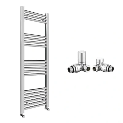 Image of Chrome Bathroom Straight Heated Towel Rail Radiator 500 x 1200 &amp; Corner Manual Valves