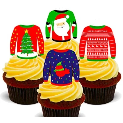 Image of Made4You Ugly Christmas Jumpers Pre cut Edible Cupcake Toppers Stand up Wafer Cake Decorations (Pack of 24)