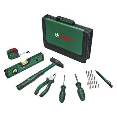 Image of Bosch Home and Garden Universal Hand Tool Set 25 Piece (Versatile Kit for General Purpose DIY Around The Home; Combination Pliers; Tape Measure; Spirit Level, 300g Hammer More)