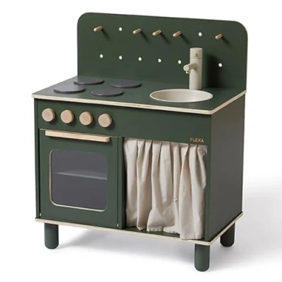 Image of FLEXA play kitchen Wood Wooden for children to dinner, washing up and dessert preparation, full of functional details, Green