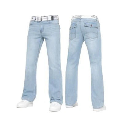 Image of BRAND KRUZE Mens Bootcut Jeans Casual Flared Wide Leg Free Belt Stylish Fashion Denim Trouser Pants KZ115 Light Blue 36W / 34L