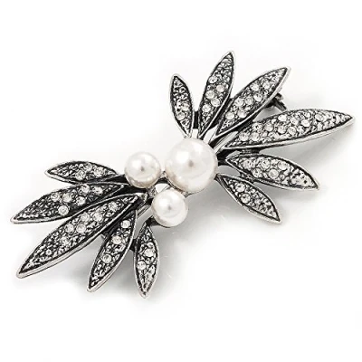 Image of Avalaya Burn Silver Faux Pearl Diamante Floral Brooch 7cm Length