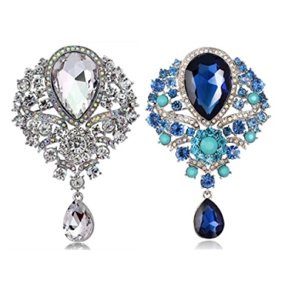 Image of CAREOR 2 Pack Elegant Brooch Pin Corsage Faux Crystal Rhinestones Collar Safety Engraving Metal Lapel Jewelry (White+Blue)