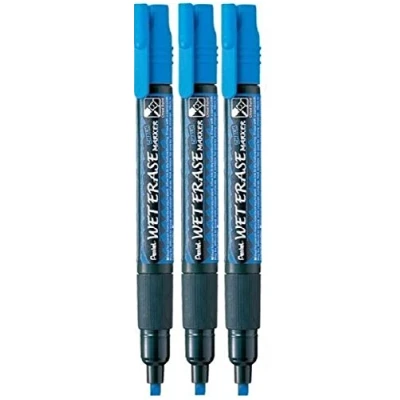 Image of Pentel Blue Wet Erase Chalk Marker Pens Metal Glass Plastic Stone Blackboard Chalkboard 4mm Chisel Nib With 1.5mm Line Width SMW26 CO (Pack Of 3)