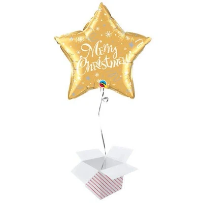 Image of Merry Christmas Festive Gold Star Foil Helium Balloon Inflated in a Box