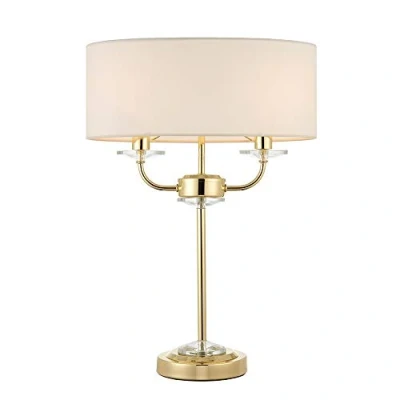 Image of National Lighting Kennedy Modern Inline Switch Brass Table Lamp with Crystal Detail and White Fabric Shade