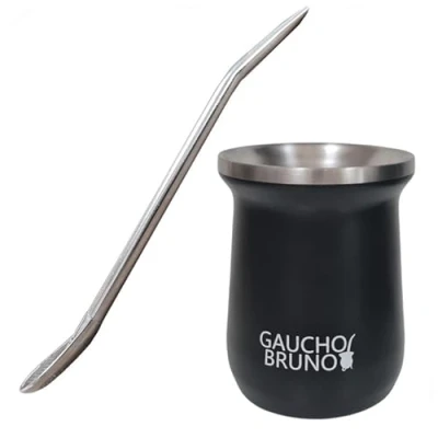 Image of Gaucho Bruno Stainless Steel Industrial Mate with Bombilla for Drinking Yerba Easy to Clean Comfortable Hold Keeps Warm Longer, Black