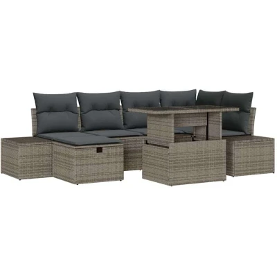 Image of vidaXL 7 Piece Garden Sofa Set with Cushions Grey Poly Rattan