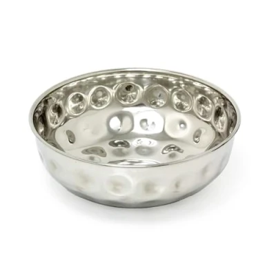 Image of Carousel Home Stainless Steel Kitchen Fruit Bowl Round Silver Display with Hammered Detail Multi Purpose Serving Salad Decorative 22cm