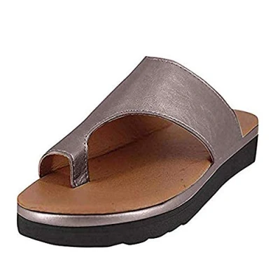 Image of Womens Wedge Sandals Bunion Toe Corrector Orthotic Flip Flops Summer Soft Leather Lightweight Post Shoes Khaki 4 UK