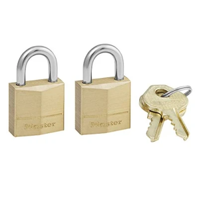 Image of Master Lock 130EURD Pack of 2 Key Padlocks with Brass Body, Gold, 4,9 x 3 1,2 cm