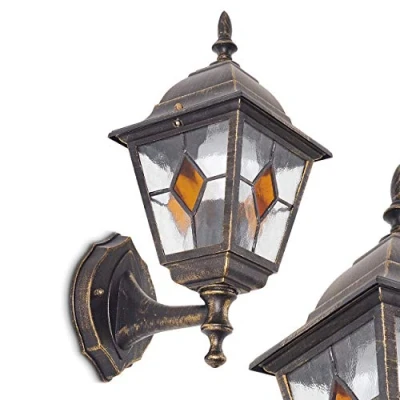 Image of outdoor wall lamp Antibes, upwards in antique look, cast aluminium brown/gold with clear glass panes, light E27 socket, retro/vintage for terrace and courtyard, without bulbs