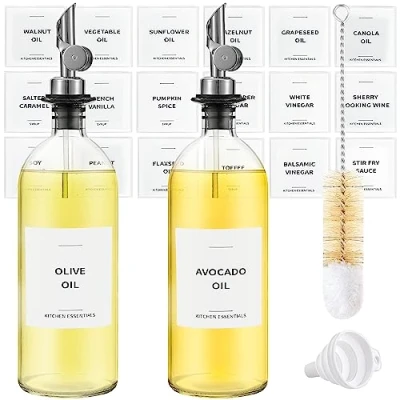 Image of Spaceneat Olive Oil Dispenser Bottle for Kitchen, Coffee Syrup Elegant Bottles Kitchen Glass Cooking Dispenser, Container, Cruet with Pourer Spout Set of 2pcs, Silver