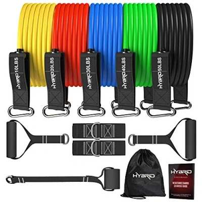 Image of HYBRID Resistance Bands Set Men Women, HEAVY DUTY 12pcs Exercise Bands, Up to 150LB, 68kg, 2 Foam Handles, Ankle Straps, Door Anchor Fitness Tubes Equipment for Home, Gym, Physio