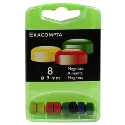 Image of Exacompta Ref 11045E Small Round Magnets 9mm Diameter, 120g Magnetic Force 6 Assorted Colours (Pack of 8) Suitable for Use on Whiteboards, Fridges or Metal Surfaces