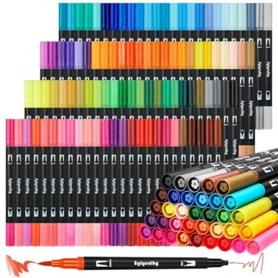 Image of Eglyenlky Colored Markers for Adult Coloring Books, Dual Tip Brush pens with 100 Watercolor Fine and Kids Drawing Calligraphy