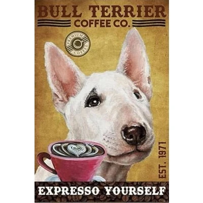 Image of Metal Sign Bull Terrier Coffee Vintage Signs Retro Aluminum Tin for Kitchen Home Office Bar Cafe Decor 8x12 Inches