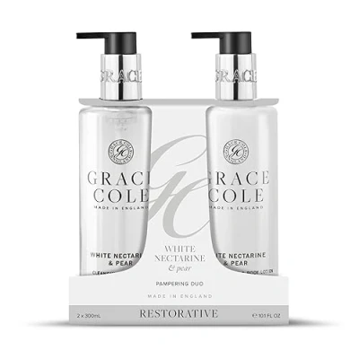 Image of Grace Cole White Nectarine &amp; Pear Hand Duo Gift Set 1 x Wash, Body Lotion 300ml Essential Oils Vegan Made In England
