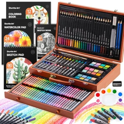 Image of Shuttle Art 186 Piece Deluxe Set, Supplies in Wooden Case, Painting Drawing Kit with Acrylic Paint Pencils Oil Pastels Watercolour Cakes Colouring Book Sketch Pad for Kids and Adults