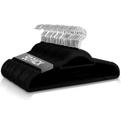 Image of Ediesi, Coat Hangers, Hangers for Clothes, Trousers, Velvet, Shirt, Skirt, Suits, Wardrobe Storage (50 pieces Black with Tie Bar)
