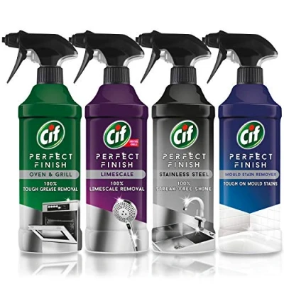 Image of Cif Perfect Finish Spray Cleaning Kit Pack of 4 x 435ml Bottles (1 Oven &amp; Grill Cleaner, 1 Limescale Remover, Stainless Steel Cleaner Mould Remover Spray)