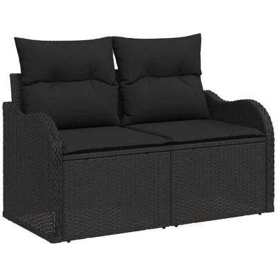 Image of vidaXL 2 Seater Garden Sofa with Storage&amp;Cushions Black Poly Rattan