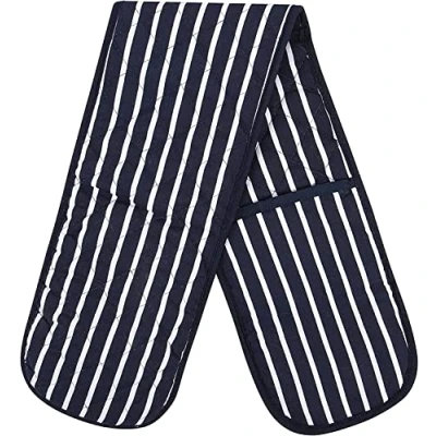 Image of Double Oven Gloves Butcher Quilted Stripe Heat Resistant Mitts Pot Holder Mitt 100% Cotton For Baking and Cooking Navy