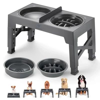 Image of Raised Dog Bowls with Stand, Non Spill Divider &amp; Slow Feeding Bowl Station Elevated Adjustable Height Stand