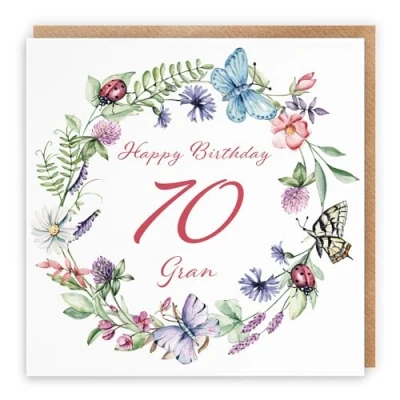 Image of Hunts England Gran 70th Birthday Card Happy 70 Meadow Collection Flowers, Butterflies, Pretty