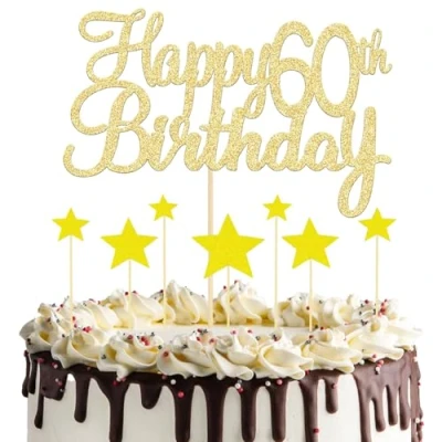 Image of 8 Pcs Gold Happy 60th Birthday Cake Topper, 1 Topper and 7 Star Cupcake Toppers, Glitter for Anniversary Party Supplies