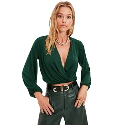 Image of Trendyol Women Regular fit Basic Cache Coeur Knitted Blouse Emerald Green