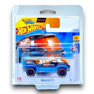 Image of Hot Wheels Baja Bison T5 (Black, Blue &amp; Orange) 6/10 HW First Response 2024 58/250 (Short Card) includes a KLAS Car Keeper Protector Case HTB61