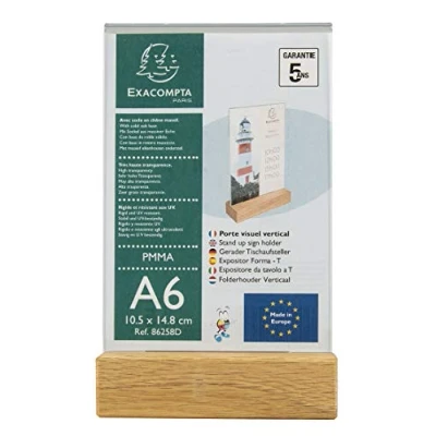 Image of Exacompta Ref 86258D Sign Holder with Wooden Base Suitable for A6 Documents, Solid Oak Plinth, Visible Both Sides, PMMA (Acrylic) Material, Rigid &amp; UV Resistant Clear