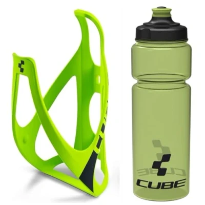 Image of Cube HPP Cage Neon Green/Black &amp; Icon Bottle Green, 750ml / Pair Kit Set Hydration Hydrate Drinking Drink Water Bidon Vessel Flask Holder Mount Bracket Bicycle Cycling Cycle Bike Accessories