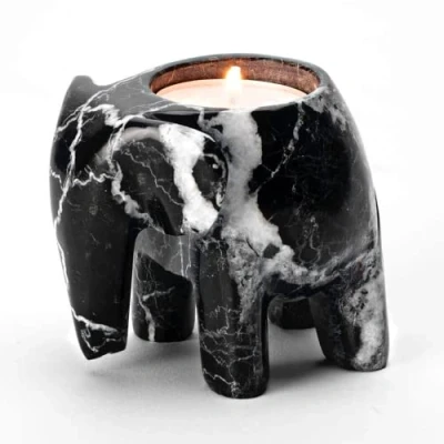 Image of British Fossils 3&quot; Marble Elephant Tea Light Candle Holder (Black Marble)