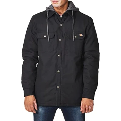 Image of Dickies Men&#039;s Fleece Hooded Duck Shirt Jacket with Hydroshield Work Utility Outerwear, Black, XS