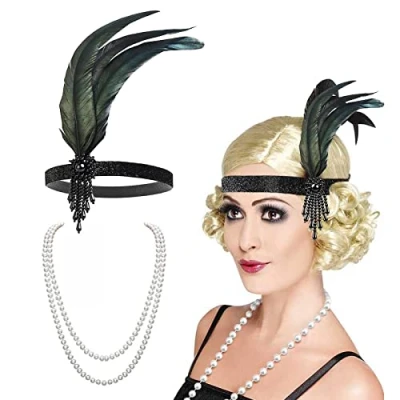 Image of VIKSAUN 1920s Flapper Headband, Faux Pearls Necklace, Headband Beaded Flapper, Feather Gatsby 20s Hair Accessories, for Party Costume Jewelry Women Girls (2 Pack)