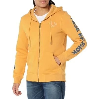 Image of True Religion Men&#039;s Antique Zip Up Logo Hoody Hooded Sweatshirt, Mineral Yellow, M